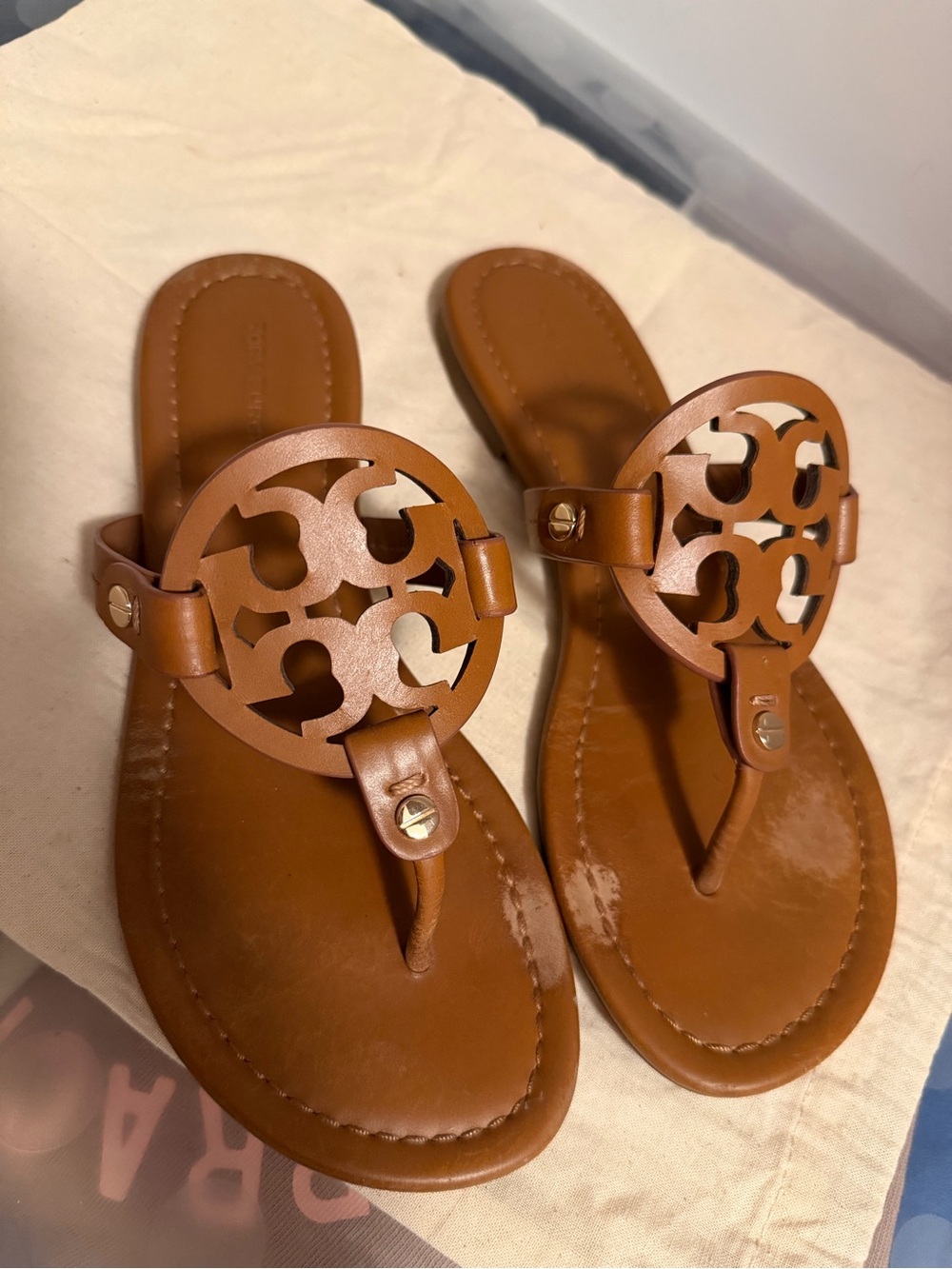 Brown Leather Circle-Emblem Thong Sandals - Women